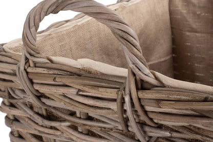 SMALL WHEELED RATTAN HESSIAN LINED LOG BASKET