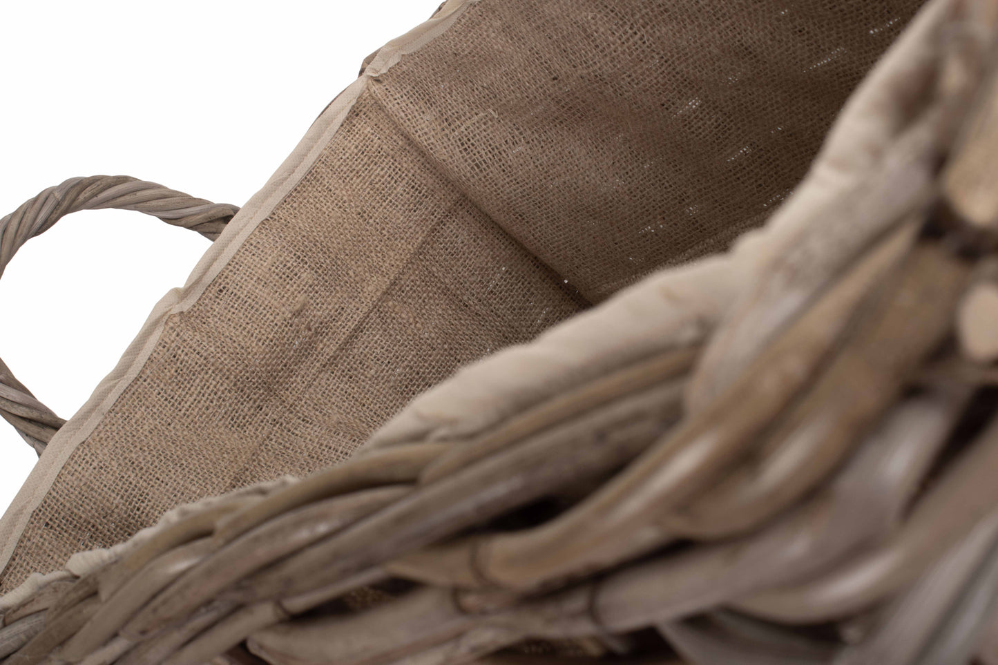SMALL WHEELED RATTAN HESSIAN LINED LOG BASKET
