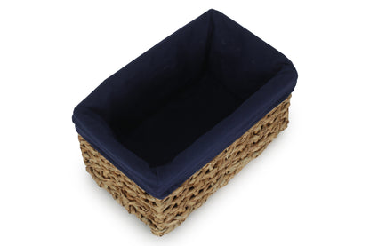 SMALL THATCH GRASS STORAGE BASKET with NAVY BLUE LINING