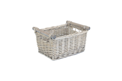SMALL ANTIQUE WASH WOODEN HANDLED STORAGE BASKET