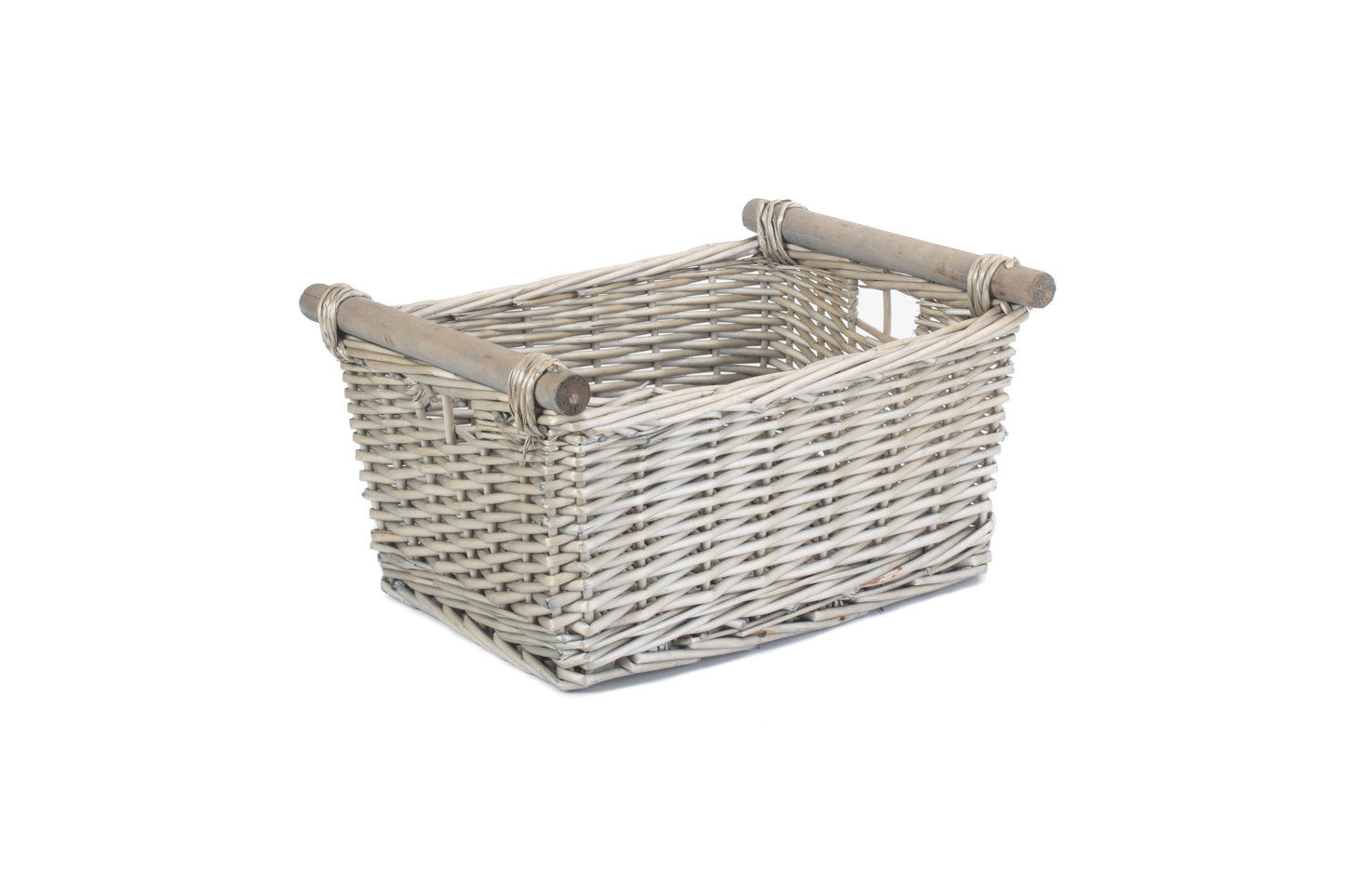 MEDIUM ANTIQUE WASH WOODEN HANDLED STORAGE BASKET