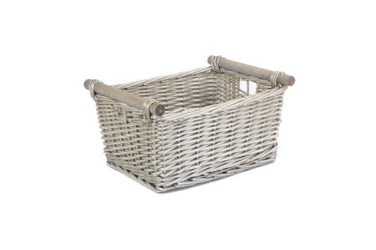 MEDIUM ANTIQUE WASH WOODEN HANDLED STORAGE BASKET