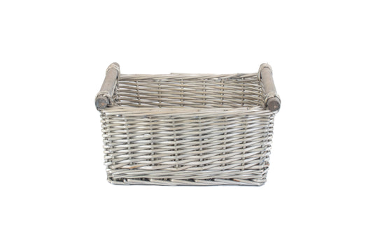 MEDIUM ANTIQUE WASH WOODEN HANDLED STORAGE BASKET