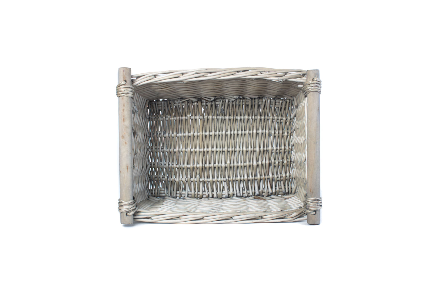 MEDIUM ANTIQUE WASH WOODEN HANDLED STORAGE BASKET
