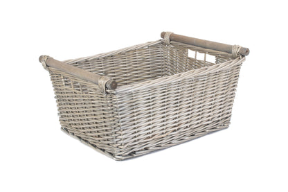 EXTRA LARGE ANTIQUE WASH WOODEN HANDLED STORAGE BASKET