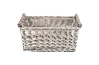 EXTRA LARGE ANTIQUE WASH WOODEN HANDLED STORAGE BASKET
