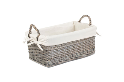 SMALL SHALLOW ANTIQUE WASH STORAGE BASKET with WHITE LINING