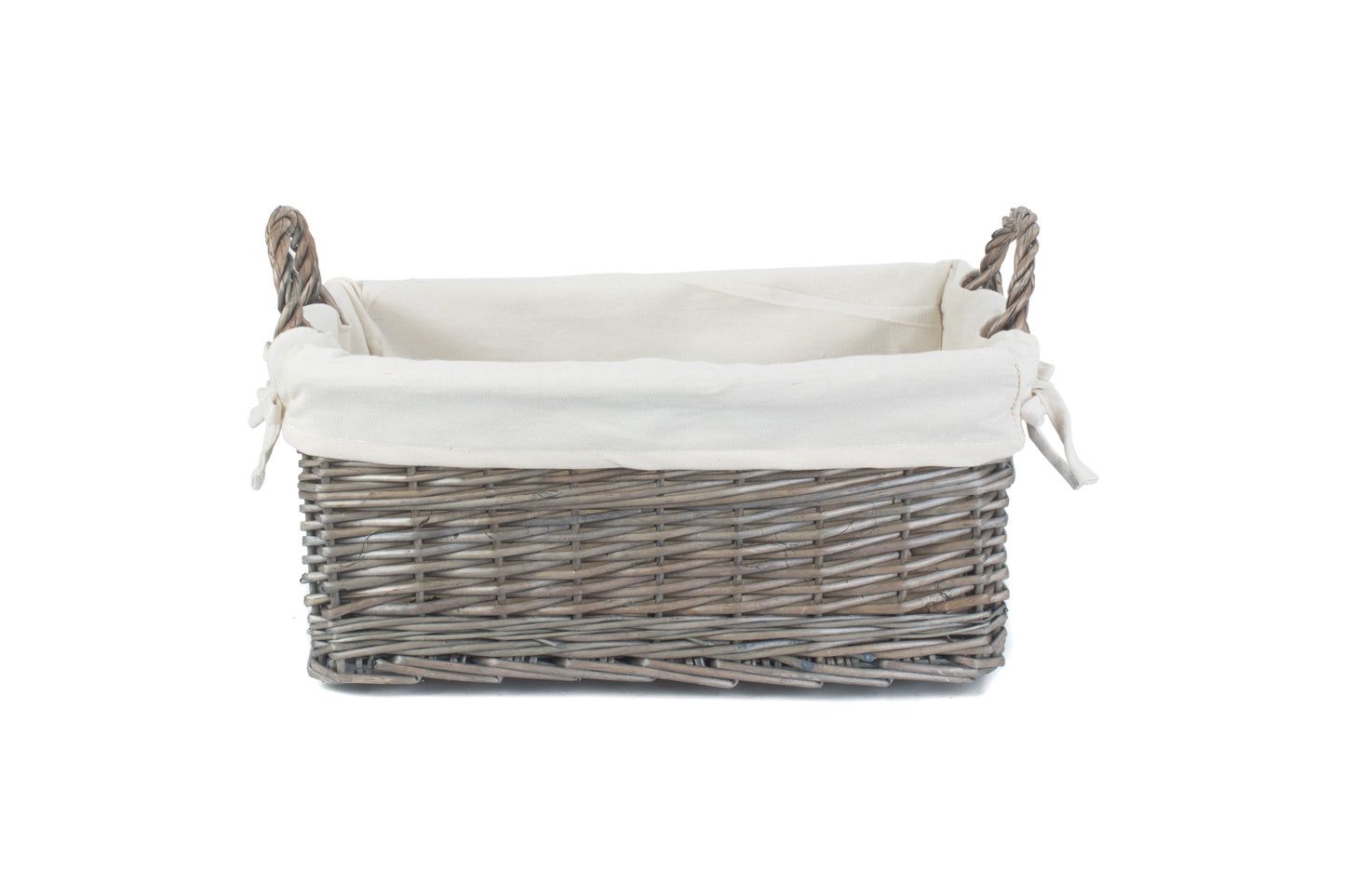 SMALL SHALLOW ANTIQUE WASH STORAGE BASKET with WHITE LINING