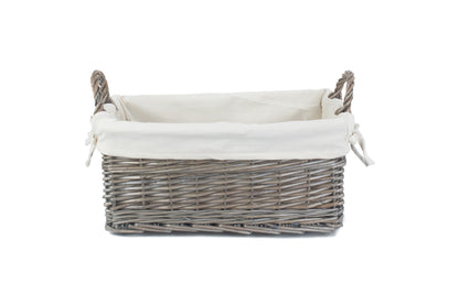 SMALL SHALLOW ANTIQUE WASH STORAGE BASKET with WHITE LINING