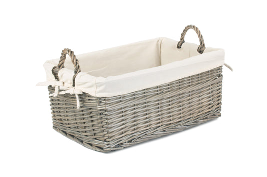MEDIUM SHALLOW ANTIQUE WASH STORAGE BASKET with WHITE LINING