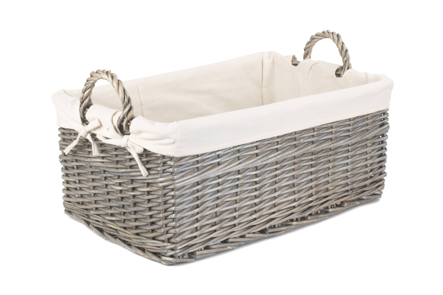 LARGE SHALLOW ANTIQUE WASH STORAGE BASKET with WHITE LINING