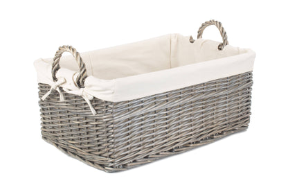 LARGE SHALLOW ANTIQUE WASH STORAGE BASKET with WHITE LINING