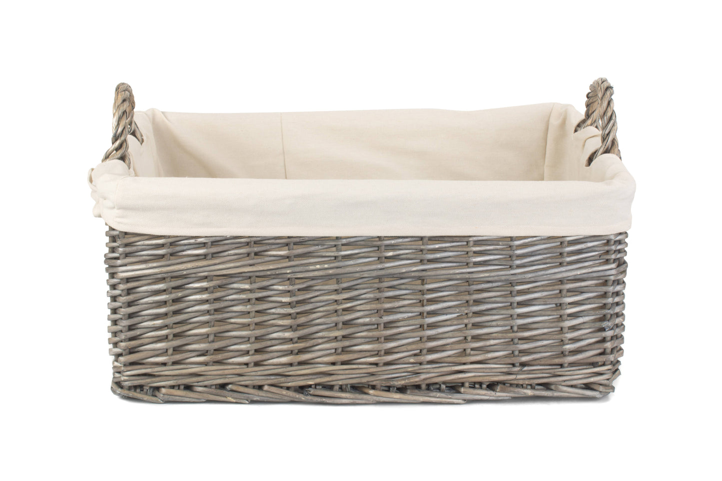 LARGE SHALLOW ANTIQUE WASH STORAGE BASKET with WHITE LINING