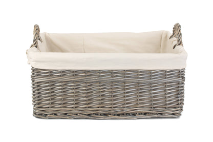 LARGE SHALLOW ANTIQUE WASH STORAGE BASKET with WHITE LINING