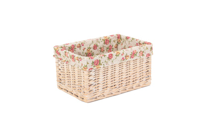 MEDIUM WHITE WASH STORAGE BASKET with GARDEN ROSE LINING