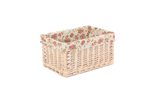 MEDIUM WHITE WASH STORAGE BASKET with GARDEN ROSE LINING
