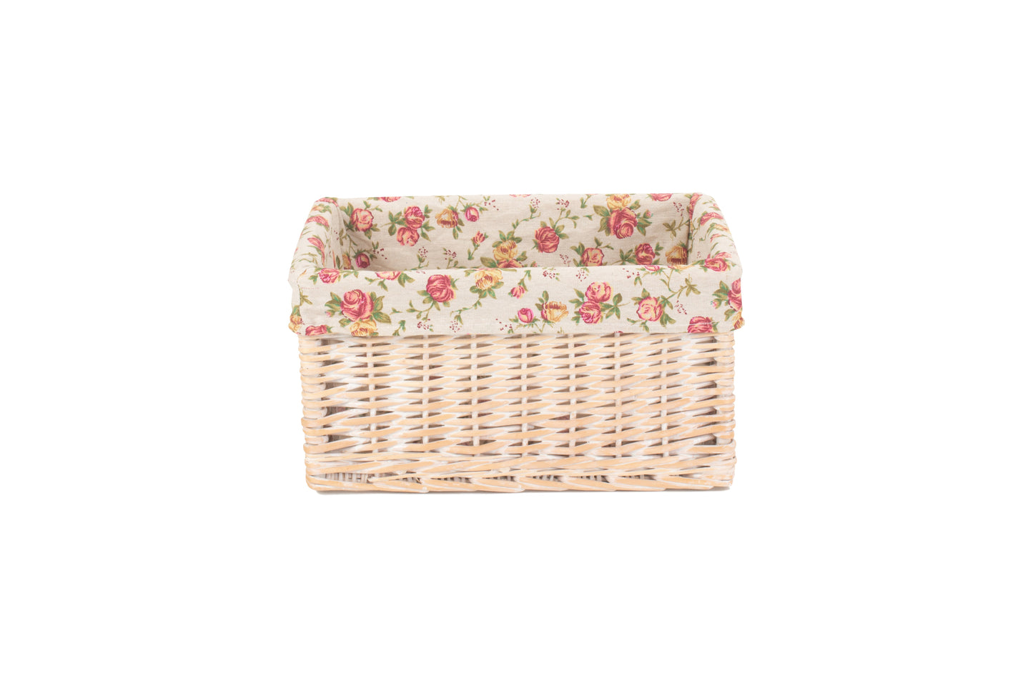 MEDIUM WHITE WASH STORAGE BASKET with GARDEN ROSE LINING