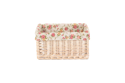 MEDIUM WHITE WASH STORAGE BASKET with GARDEN ROSE LINING