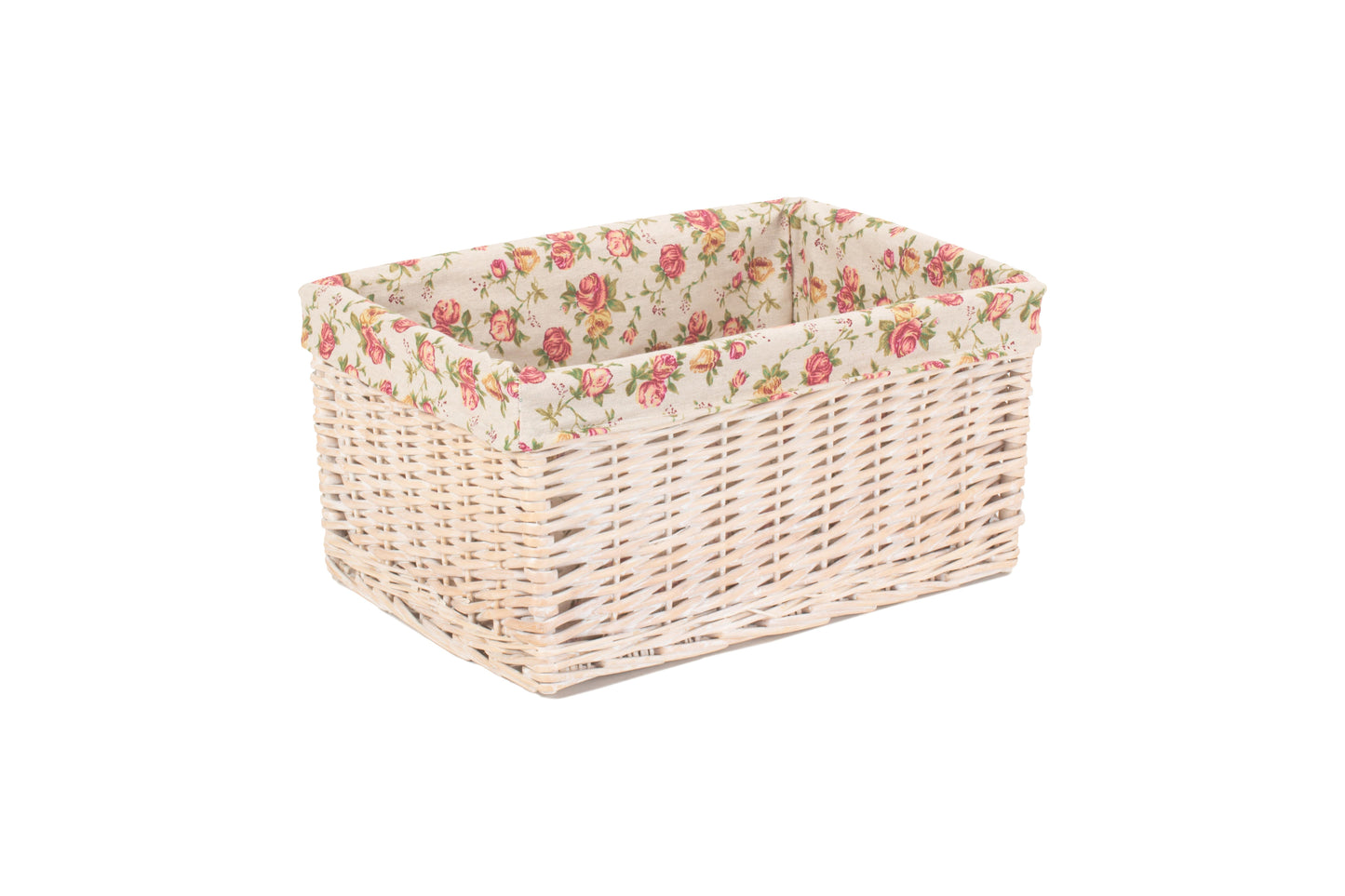 LARGE WHITE WASH STORAGE BASKET with GARDEN ROSE LINING