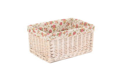 LARGE WHITE WASH STORAGE BASKET with GARDEN ROSE LINING