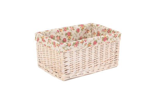 LARGE WHITE WASH STORAGE BASKET with GARDEN ROSE LINING