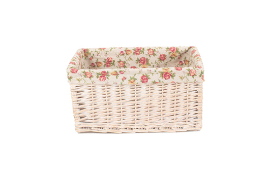 LARGE WHITE WASH STORAGE BASKET with GARDEN ROSE LINING