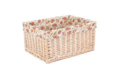 EXTRA LARGE WHITE WASH STORAGE BASKET with GARDEN ROSE LINING