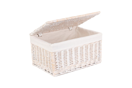 LARGE WHITE WASH FINISH STORAGE HAMPER with WHITE LINING