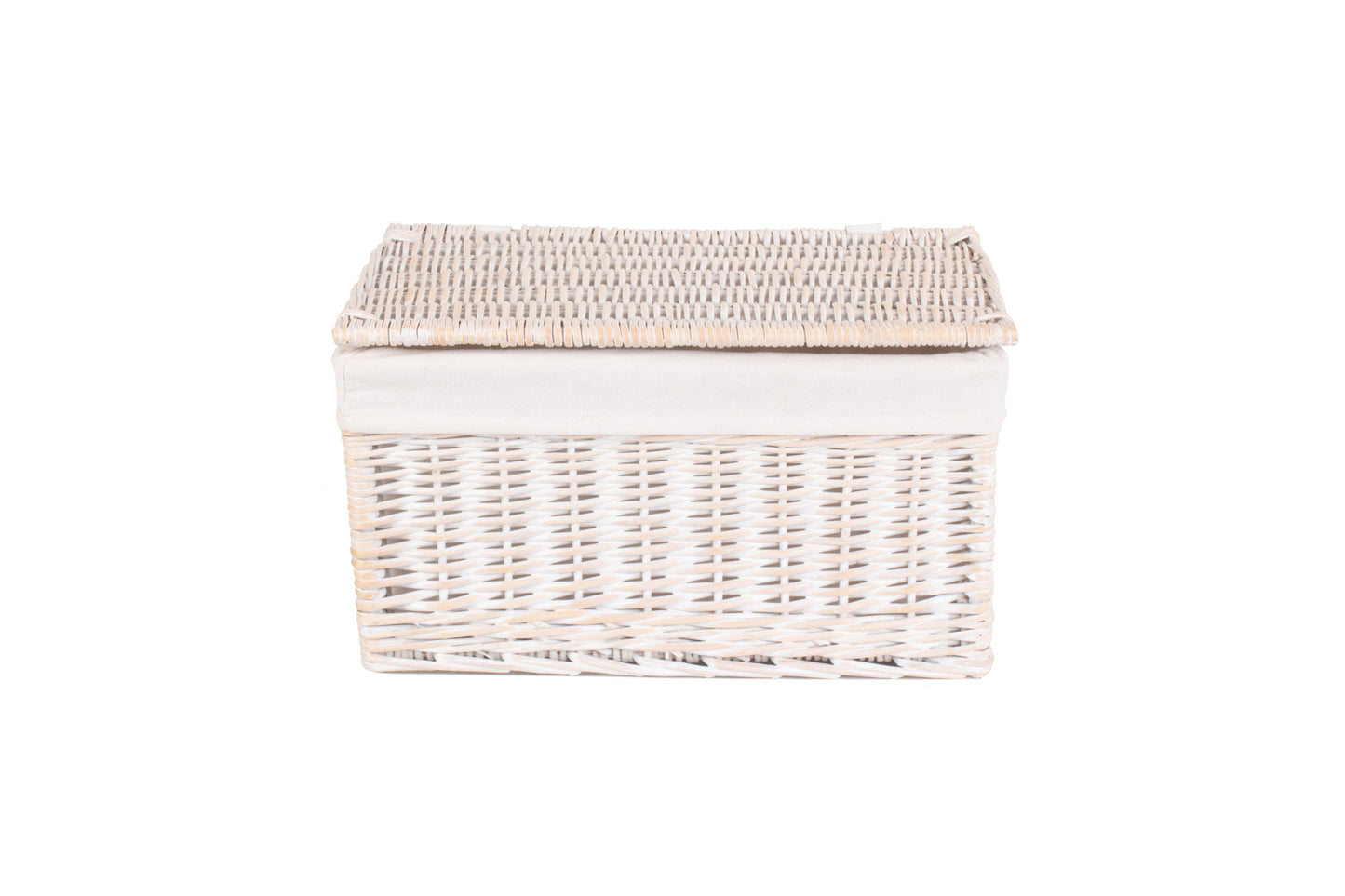LARGE WHITE WASH FINISH STORAGE HAMPER with WHITE LINING