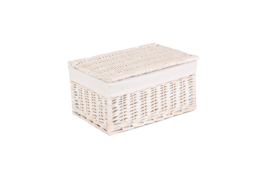 MEDIUM WHITE WASH FINISH STORAGE HAMPER with WHITE LINING