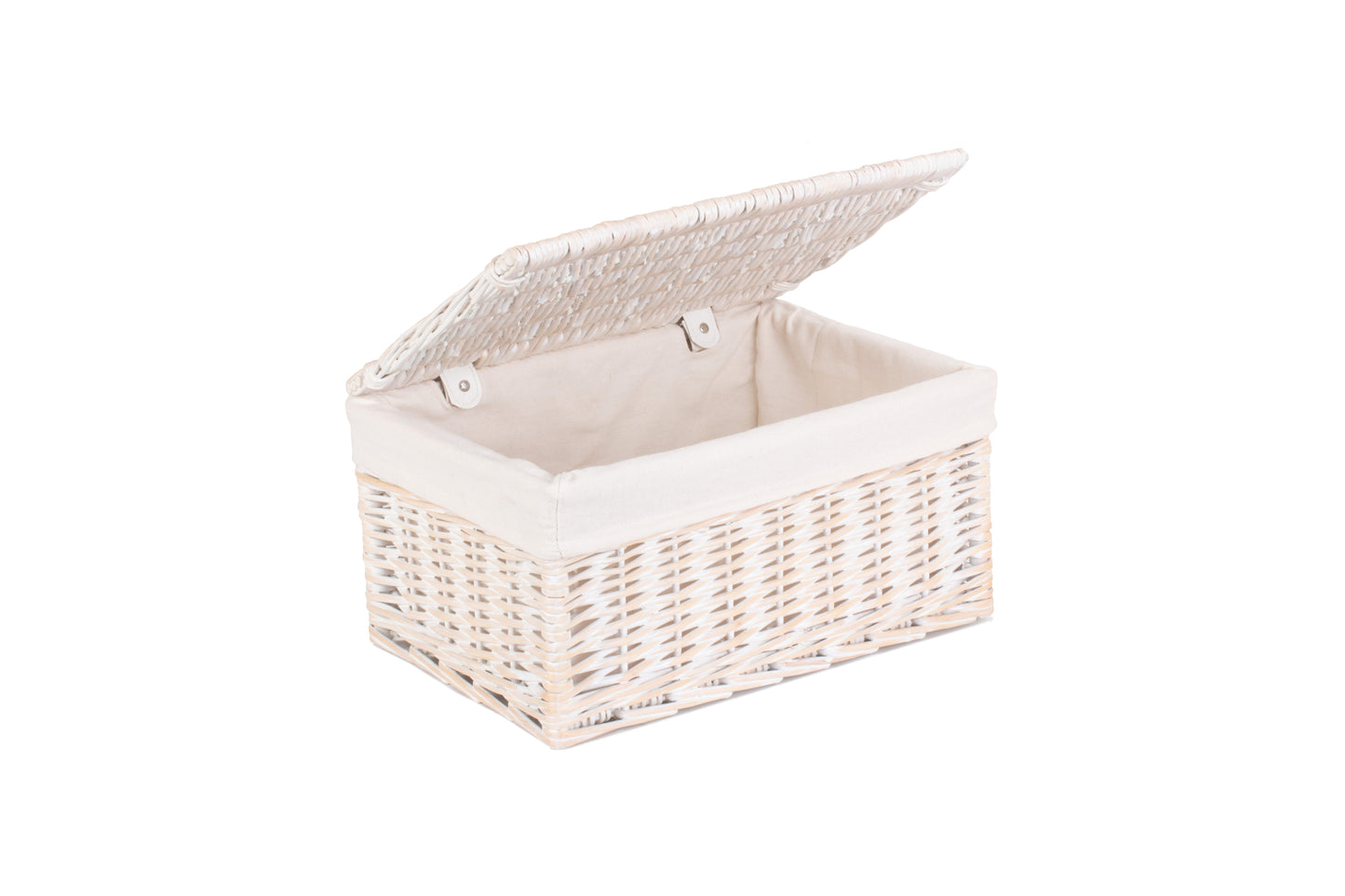 MEDIUM WHITE WASH FINISH STORAGE HAMPER with WHITE LINING