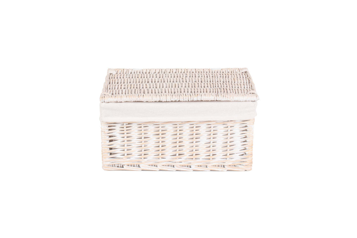 MEDIUM WHITE WASH FINISH STORAGE HAMPER with WHITE LINING