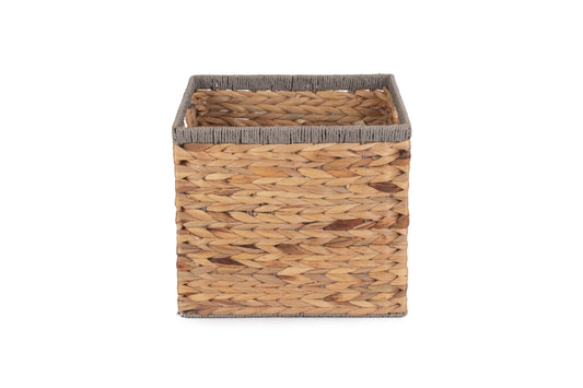 SMALL SQUARE WATER HYACINTH STORAGE BASKET with GREY ROPE BORDER