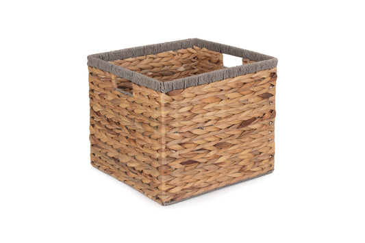 SMALL SQUARE WATER HYACINTH STORAGE BASKET with GREY ROPE BORDER