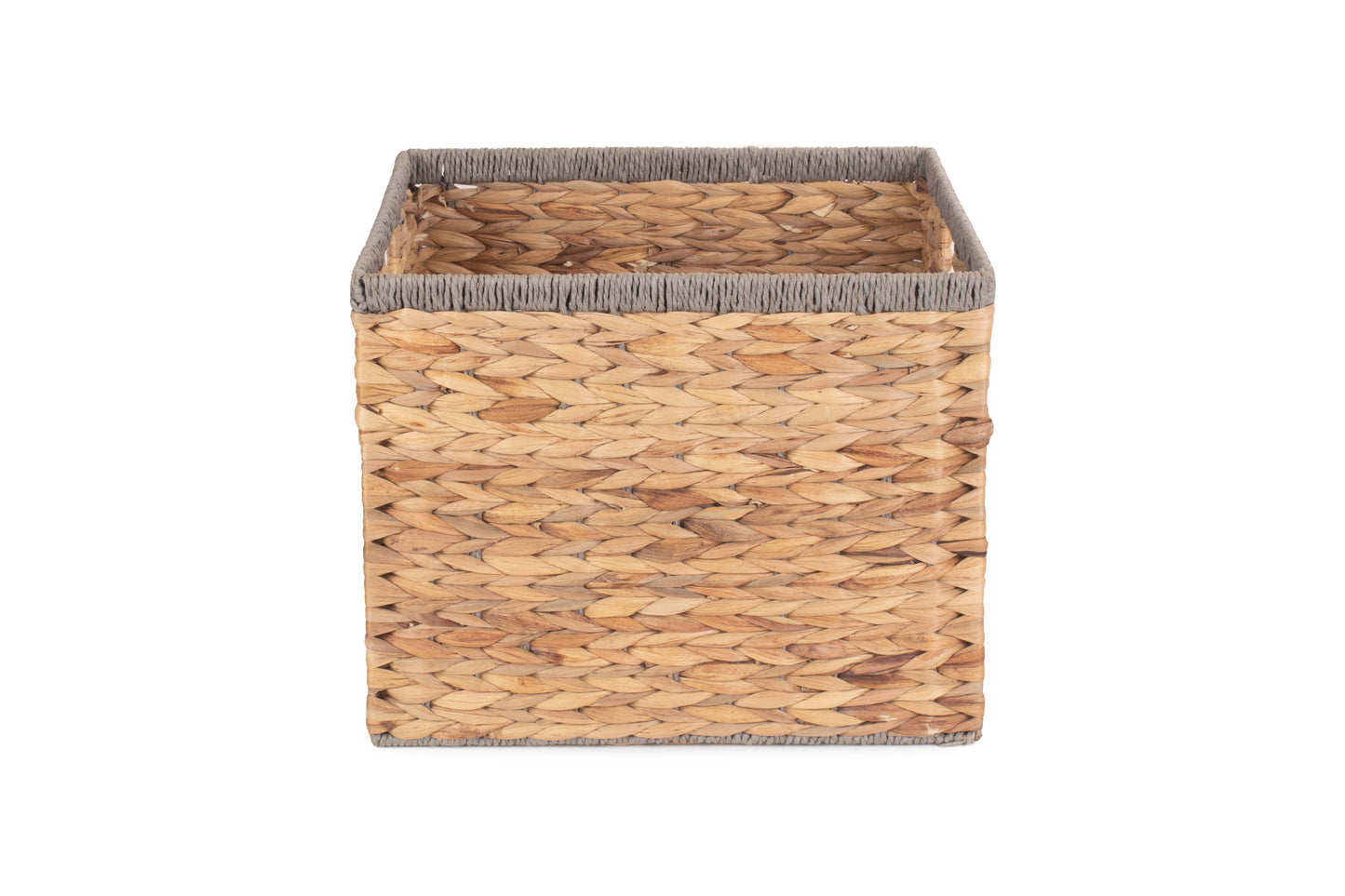 MEDIUM SQUARE WATER HYACINTH STORAGE BASKET with GREY ROPE BORDER