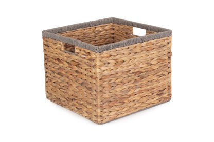 MEDIUM SQUARE WATER HYACINTH STORAGE BASKET with GREY ROPE BORDER