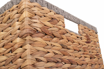 MEDIUM SQUARE WATER HYACINTH STORAGE BASKET with GREY ROPE BORDER