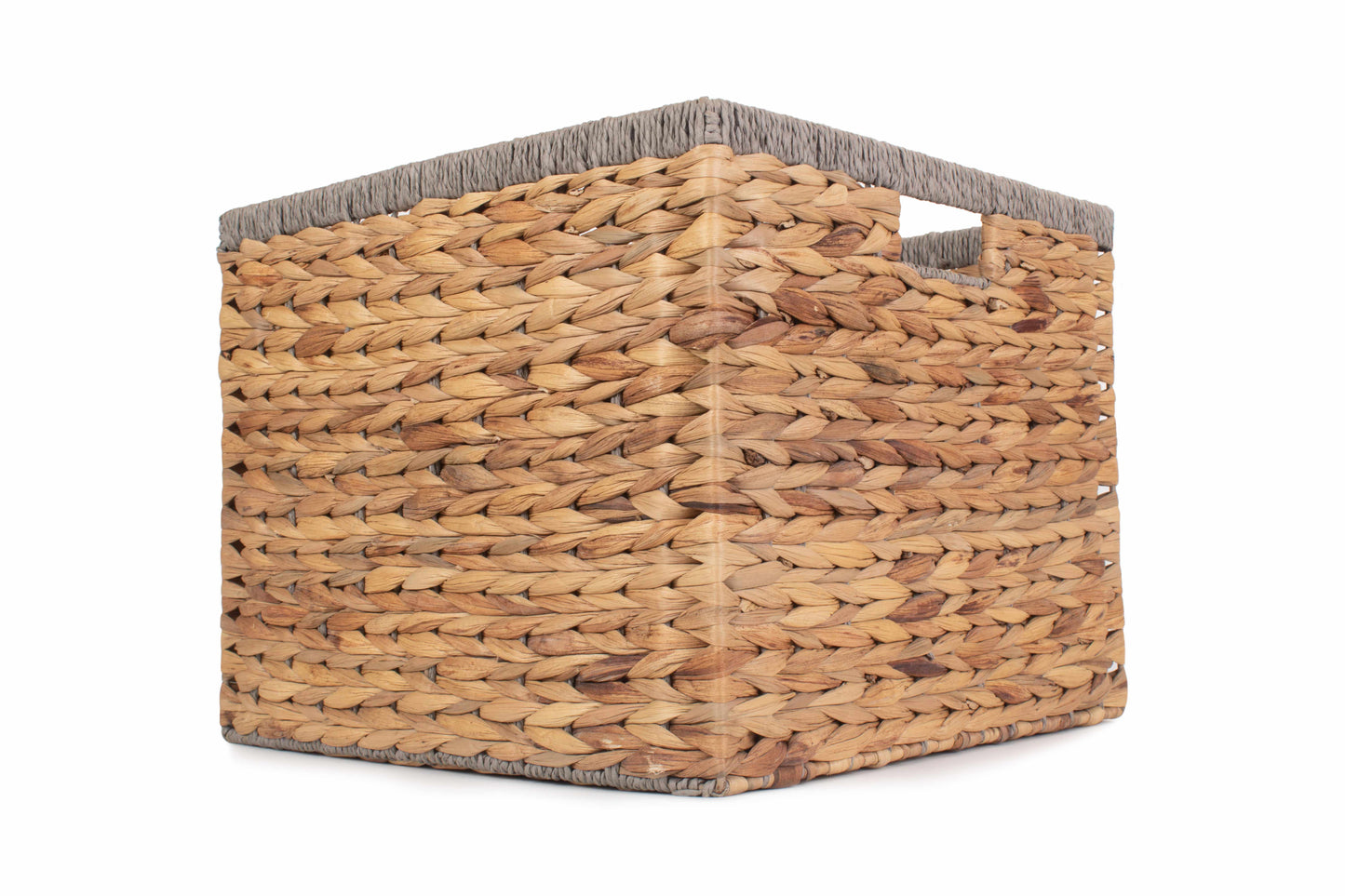 MEDIUM SQUARE WATER HYACINTH STORAGE BASKET with GREY ROPE BORDER