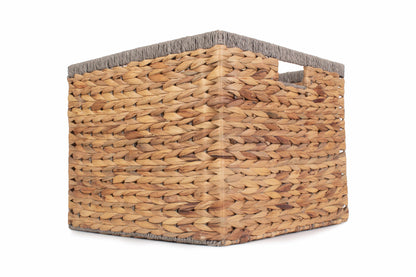 MEDIUM SQUARE WATER HYACINTH STORAGE BASKET with GREY ROPE BORDER