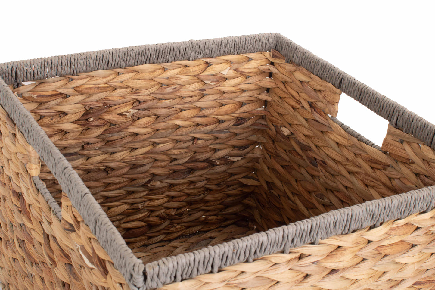 MEDIUM SQUARE WATER HYACINTH STORAGE BASKET with GREY ROPE BORDER