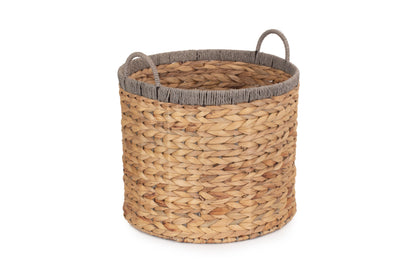 SMALL ROUND WATER HYACINTH STORAGE BASKET with GREY ROPE BORDER
