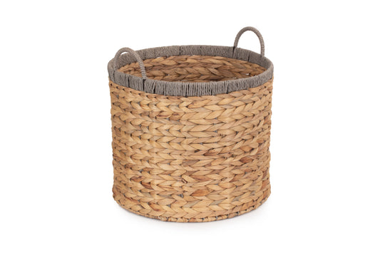 SMALL ROUND WATER HYACINTH STORAGE BASKET with GREY ROPE BORDER