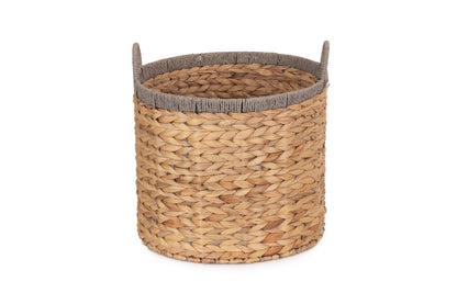 SMALL ROUND WATER HYACINTH STORAGE BASKET with GREY ROPE BORDER