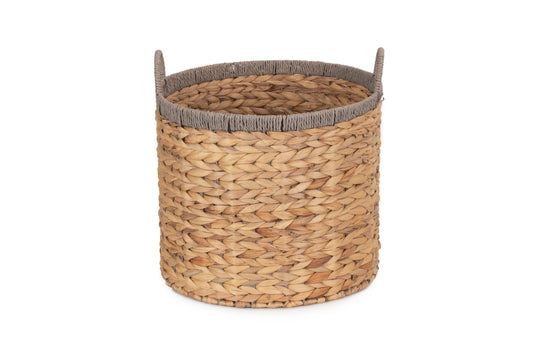 SMALL ROUND WATER HYACINTH STORAGE BASKET with GREY ROPE BORDER