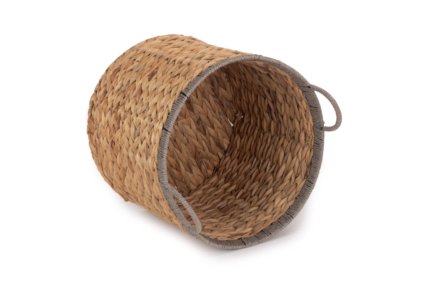 SMALL ROUND WATER HYACINTH STORAGE BASKET with GREY ROPE BORDER