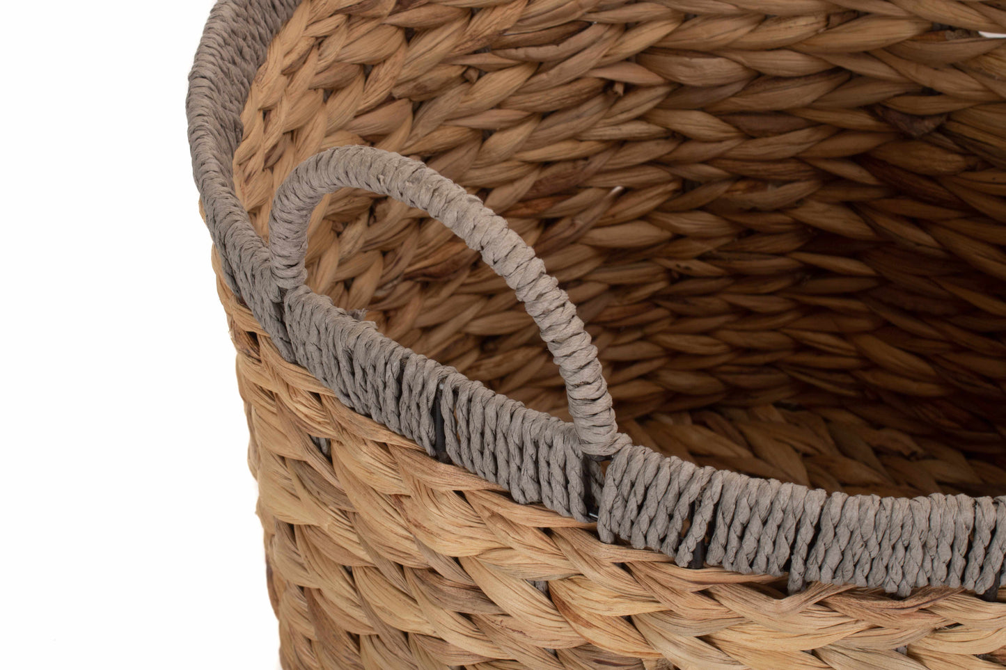 SMALL ROUND WATER HYACINTH STORAGE BASKET with GREY ROPE BORDER