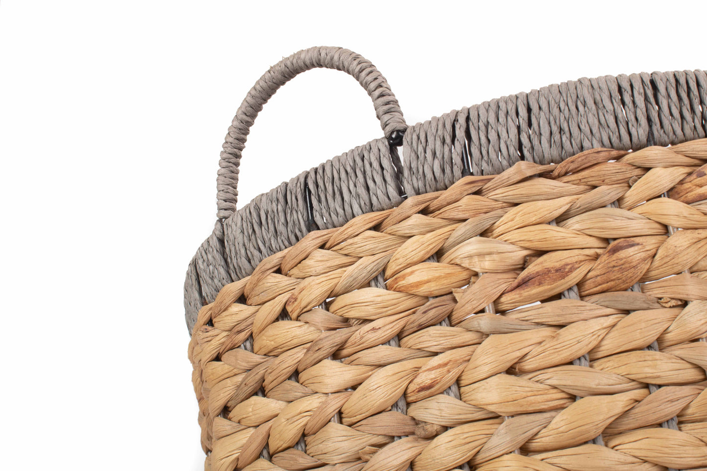 SMALL ROUND WATER HYACINTH STORAGE BASKET with GREY ROPE BORDER