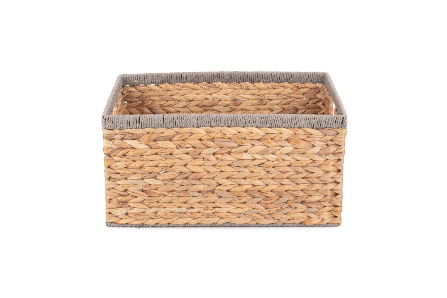 LARGE WATER HYACINTH RECTANGULAR STORAGE BASKET with GREY ROPE BORDER