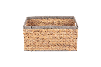 LARGE WATER HYACINTH RECTANGULAR STORAGE BASKET with GREY ROPE BORDER