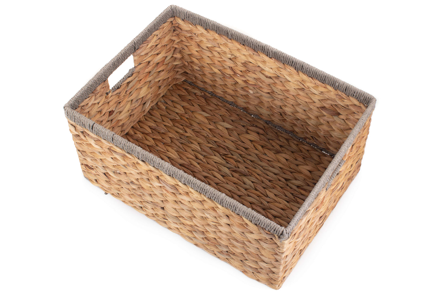 LARGE WATER HYACINTH RECTANGULAR STORAGE BASKET with GREY ROPE BORDER